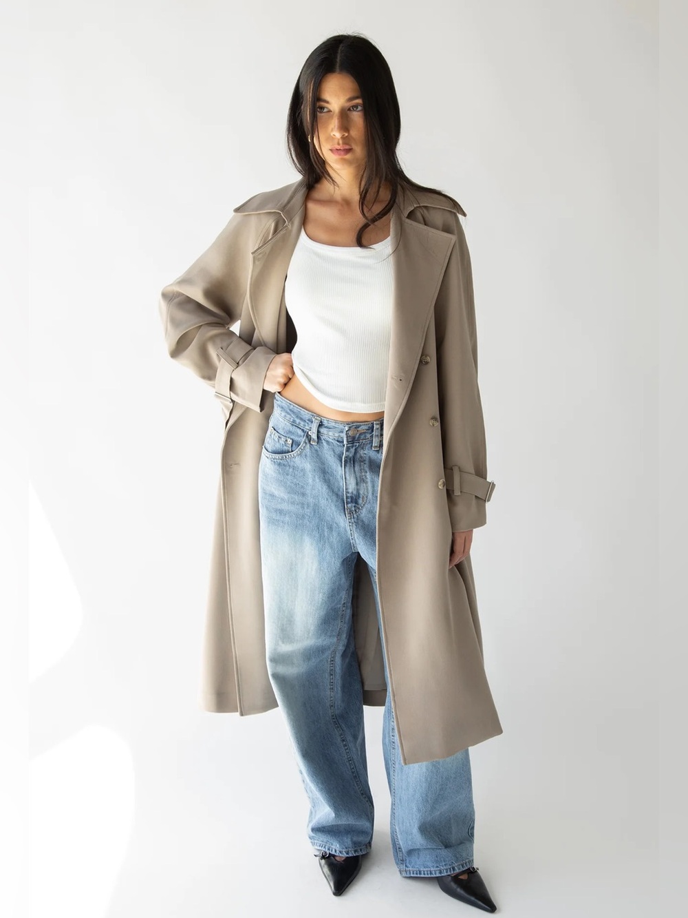 Oak + Fort Oversized Trench Coat Olive Double Breasted Size XS - Picture 12 of 13